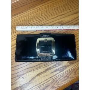 Michael Kors Faux Patent Leather Clutch Purse Bag Black Gold